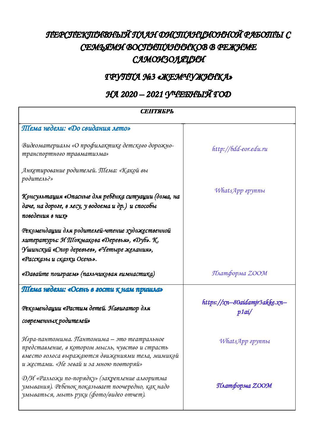 ПЛАН РАБОТЫ ДИСТАНЦИОННО С РОДИТЕЛЯМИ 5-6 - Педагогические таланты России